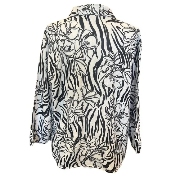 Abstract 100% Linen Floral Zebra Button Up Top Sz 18 2X Tropical Vacation Artsy - Picture 3 of 8
